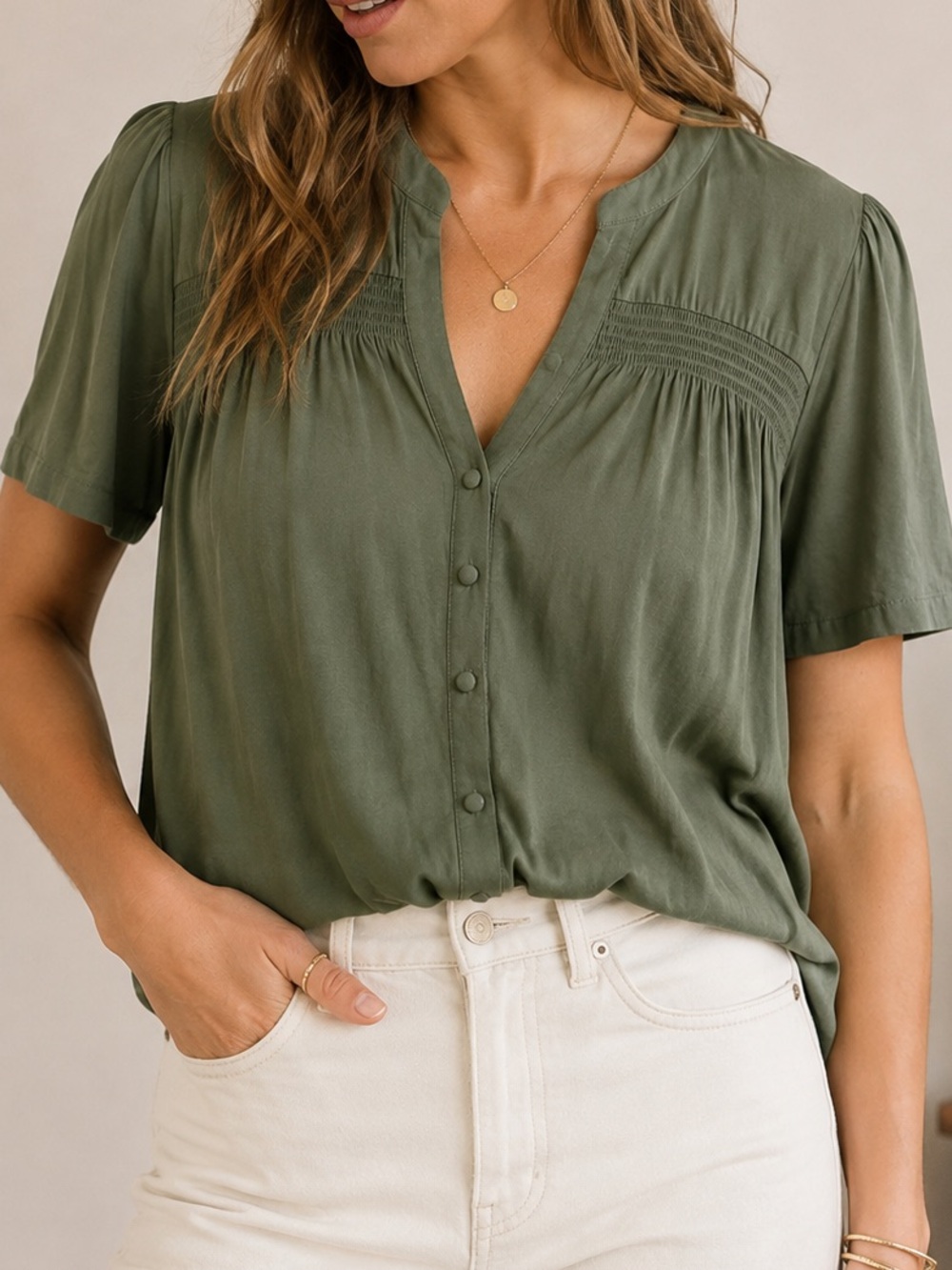 Evereve Olive Short-Sleeve Button Front Blouse